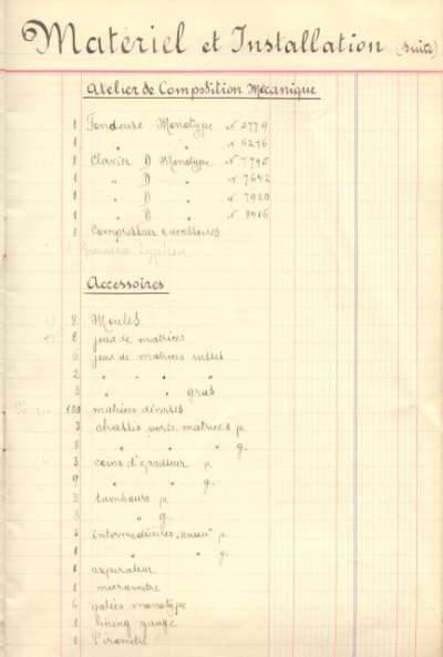 Bilan comptable de 1922. Matériel et Installation, suite