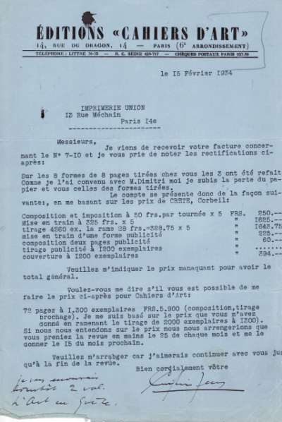 Rectification de facture de Christian Zervos datée du 15 février 1934 adressée à l'Imprimerie Union