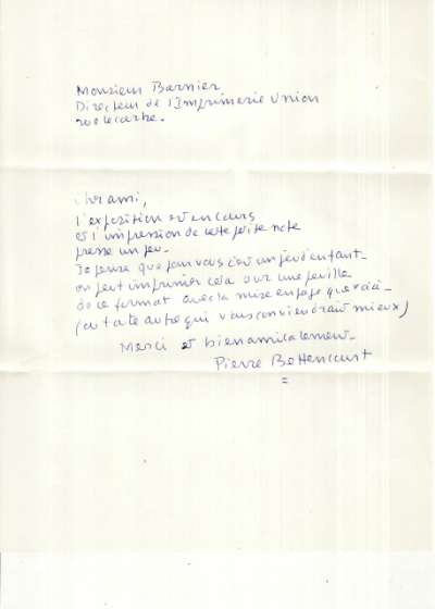 Lettre de Pierre Bettencourt à Louis barnier. S.D.