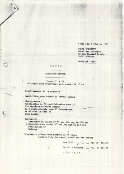 Devis de l'Imprimerie Union daté du 6 février 1989 adressée au Musée Estève de Bourges. Catalogue de la Donation Monique et Maurice Estève au Musée Estève de Bourges