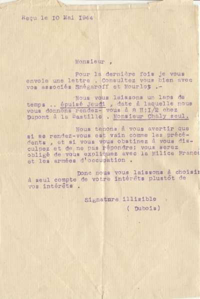 Demande de rendez-vous par le Commissariat Général aux questions juives, 10 mai 1944