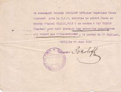 Autorisation de sortie à Cap-Breton, 27 juin 1918