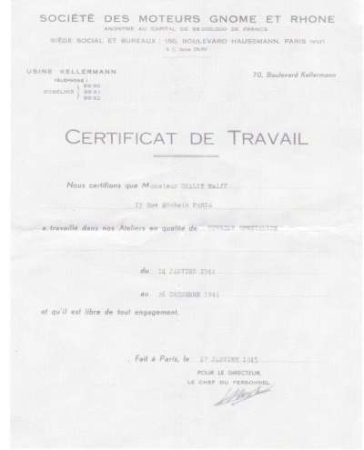Certificat délivré par Gnome et Rhone, 17 janvier 1945