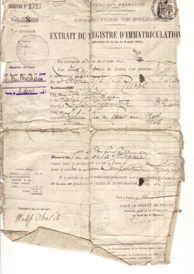 Extrait du Registre d'Immatriculation de Volf Chalit, 2 avril 1910