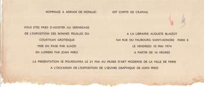 Carton d'invitation pour le vernissage de l'exposition du Courtisan Grotesque à la Librairie Auguste Blaizot, le vendredi 10 mai 1974