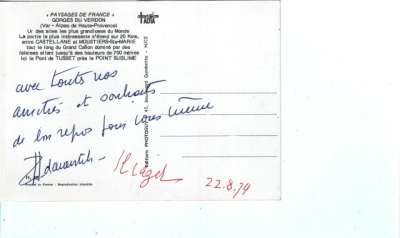 Carte postale d'Iliazd à Louis Barnier, 22 août 1974. Verso