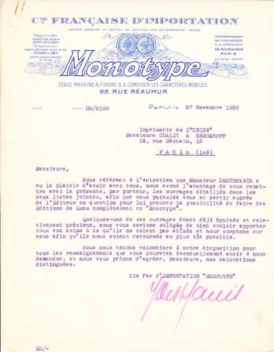 Lettre de la Société Monotype, 27 novembre 1926