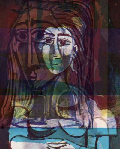 Epreuve de Décharges ou La Révolte des Dames de Mougins. Peintures de Pablo Picasso. 14,5x18 cm, 1964. Décharge 20