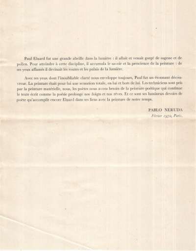 Anthologie des écrits sur l'art. Textes choisis et présentés par Paul Eluard, préface Jean Marsenac. 28 cm, 300p.. 1972. Texte manuscrit de Pablo Neruda