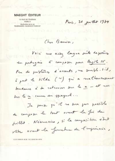 Lettre de Claude Esteban à Louis Barnier, 21 juillet 1974