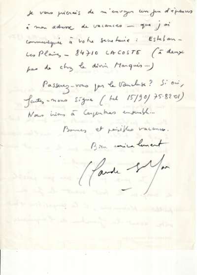 Lettre de Claude Esteban à Louis Barnier, 21 juillet 1974. Page 2