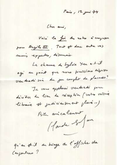 Lettre de Claude Esteban à Louis Barnier, 12 juin 1974