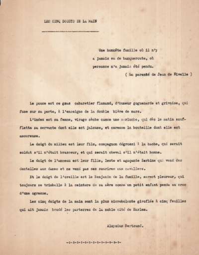 Aloysius Bertrand, Les cinq doigts de la main. Projet de poème-objet. S.D. Page 2