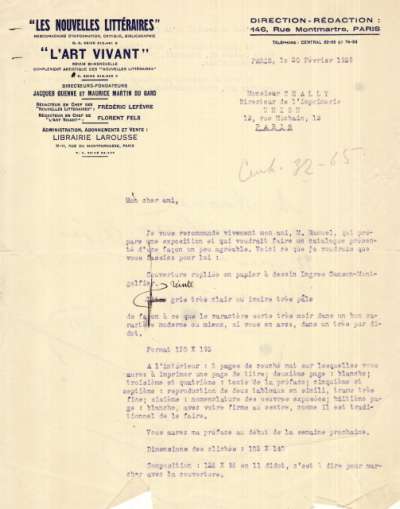 Lettre de Florent Fels à Volf Chalit, 20 février 1929