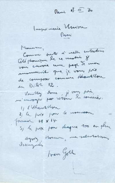 Lettre d'Ivan Goll, 18 mars 1930