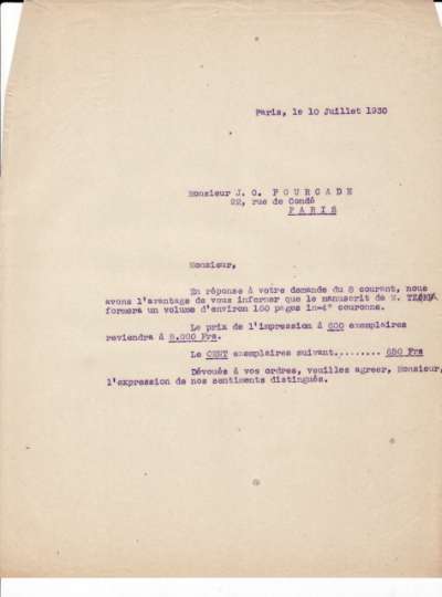 Lettre de l'Imprimerie Union, 10 juillet 1930 