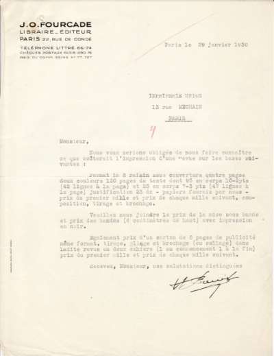 Lettre de Dominique Fourcade, 29 janvier 1930