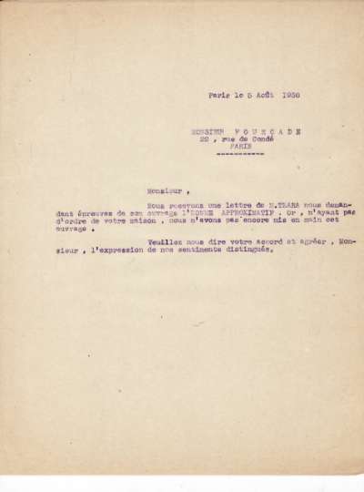 Lettre de l'Imprimerie Union, 5 août 1930