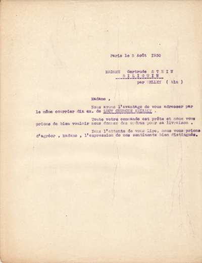 Lettre de L'Imprimerie Union, 5 août 1930