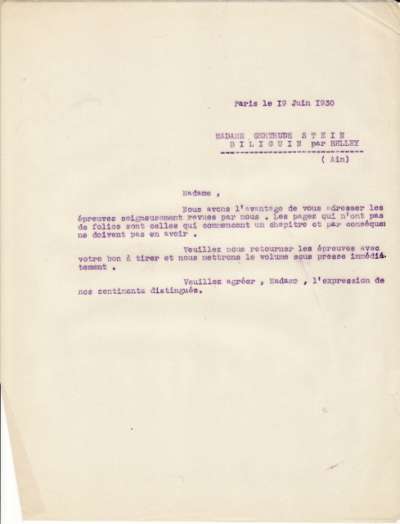 Lettre de l'Imprimerie Union, 19 juin 1930