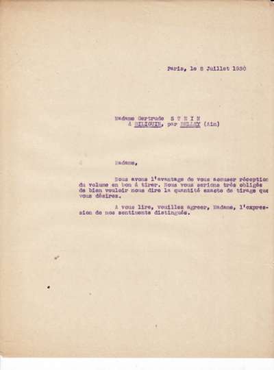 Lettre de l'Imprimerie Union, 8 juillet 1930