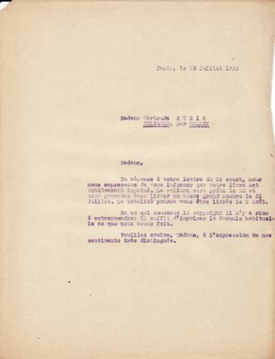 Lettre de l'Imprimerie Union, 26 juillet 1930