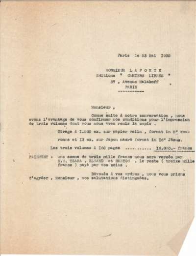 Lettre de l'Imprimerie Union, 23 Mai 1932. Confirmation d'impression