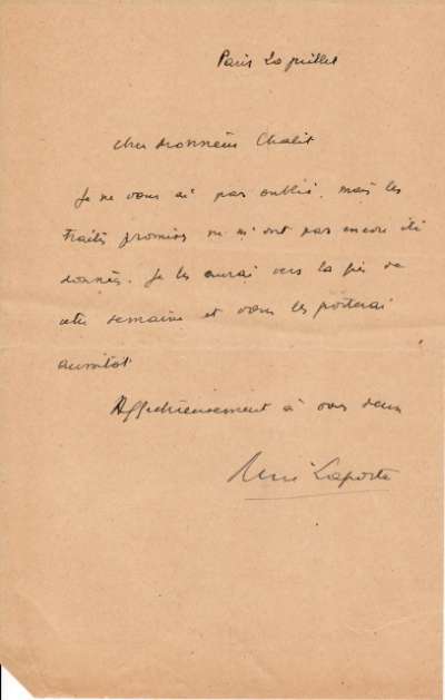 Lettre de René Laporte, 20 juillet (?)