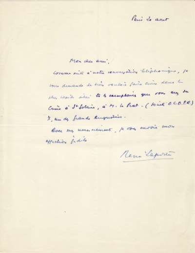 Lettre de René Laporte, 20 août (?)