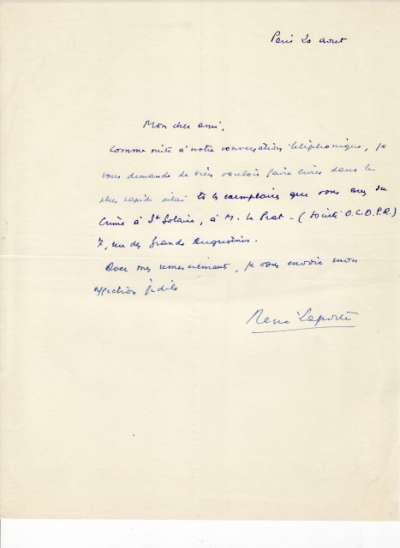 Lettre de René Laporte. S.D.