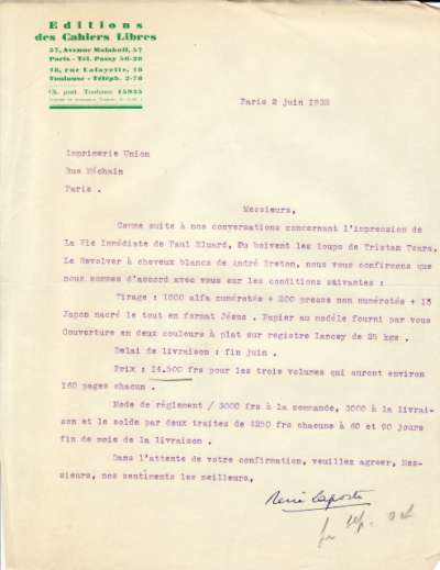 Lettre de René Laporte, 2 juin 1932. Impression des livres de Paul Eluard, Tristan Tzara et André Breton 