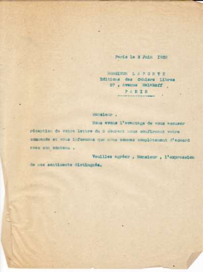 Lettre de l'Imprimerie Union, 3 juin 1932. Accord pour impression