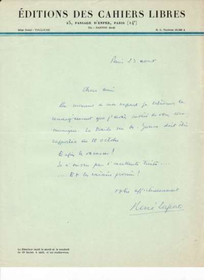Lettre de René Laporte, 23 août 1932
