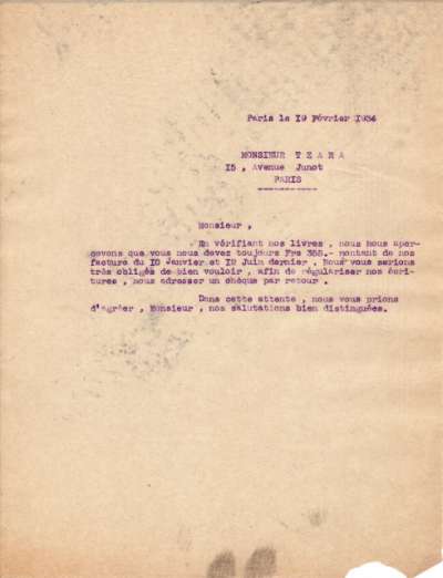 Lettre de l'Imprimerie Union à Tristan Tzara, 19 février 1934