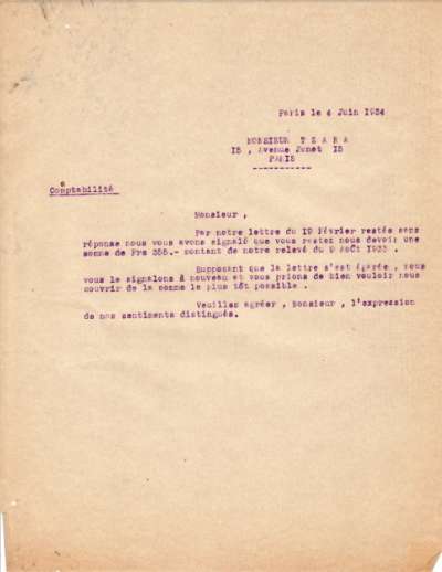 Lettre de l'Imprimerie Union adressée à Tristan Tzara, 4 juin 1934