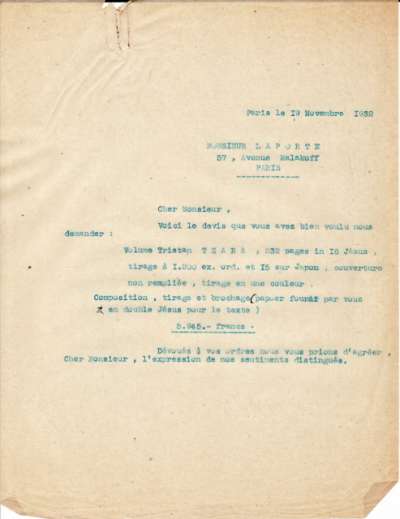 Lettre de l'Imprimerie Union à René Laporte, 19 novembre 1932
