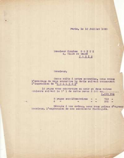 Lettre du 16 juillet 1930 de l'Imprimerie Union adressée à Charles Goetz