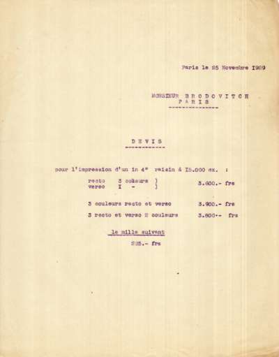 Devis adressée à Brodovitch, 25 novembre 1929