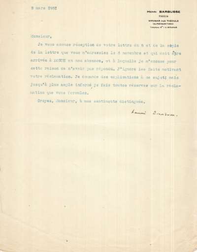 Lettre de Henri Barbusse, 9 mars 1931