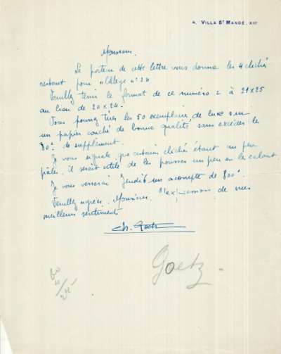 Lettre de Charles Goetz. S.D.