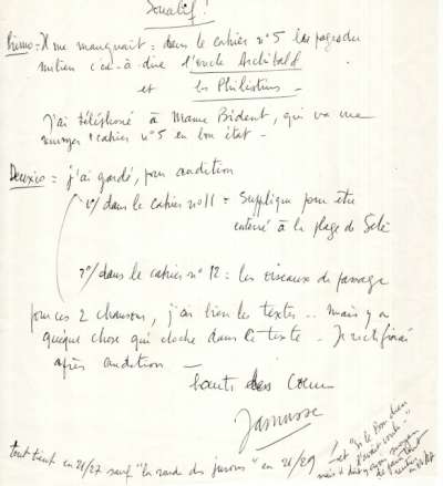 Lettre de Georges Brassens pour l'impression de Poèmes et Chansons chez Editions Musicales 57. 1973