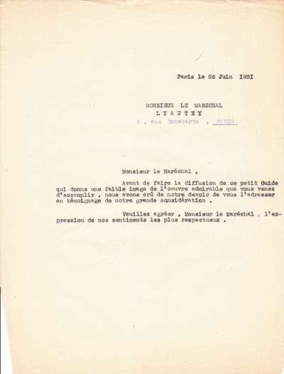 Lettre de l'Imprimerie Union au Maréchal Lyautey, 26 juin 1931