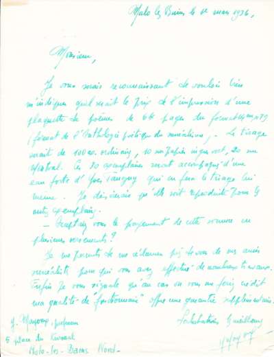 Lettre de Y. Mayoux pour l'impression d'un livre avec Yves Tanguy, 1er mars 1936
