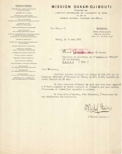 Lettre de Michel Leiris, 14 mai 1931