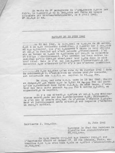 Rapport de Joseph Dumoulin au Chef des Service de Contrôle des Administrateurs provisoires. Page 1