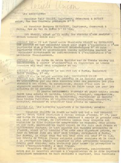 Statut de la société initiale de l'Imprimerie Union fait le 30 décembre 1921. Page 1