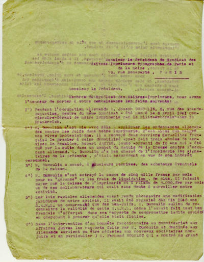 Plainte Volf Chalit et Dimitri Snégaroff au Président du Syndicat des Maîtres-Imprimeurs typographes de Paris et de la Seine, 31 décembre 1945