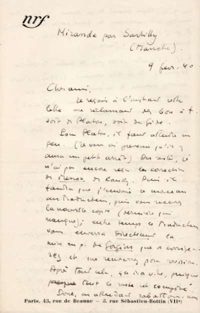 Lettre de Jacques Schiffrin, 9 février 1940
