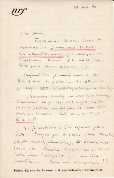 Lettre de Jacques Schiffrin, 14 février 1940