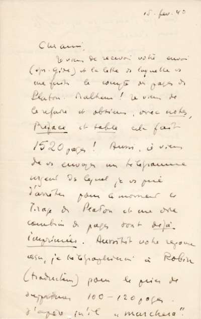 Lettre de Jacques Schiffrin, 15 février 1940